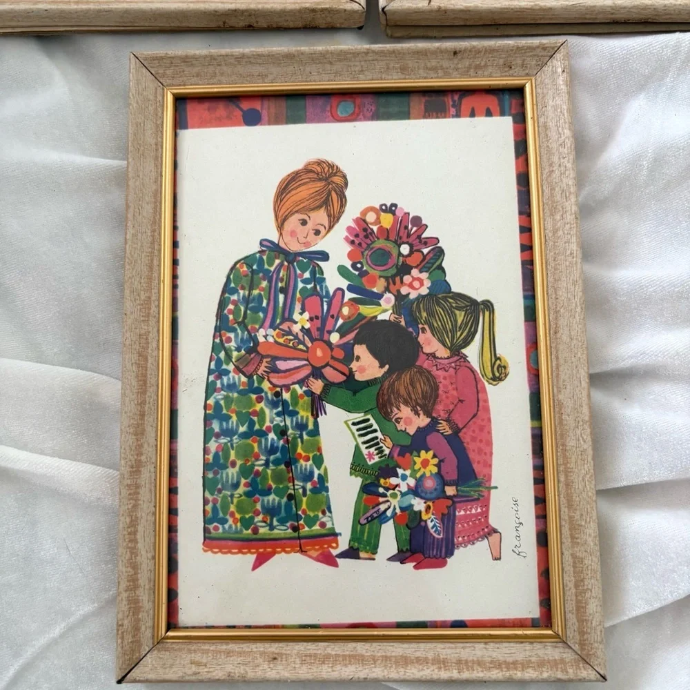 Vintage 70s colorful set of 3 art work print in wood frames mother child